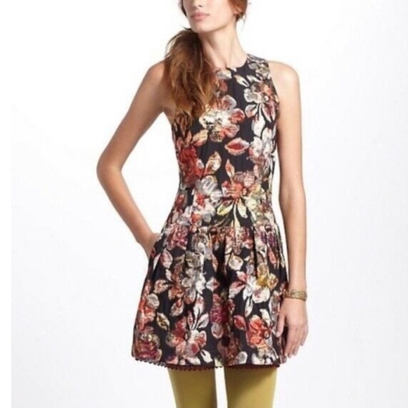 Anthropologie Leifsdottir Adelita Tie Back Dress Black Floral Metallic Detail 4